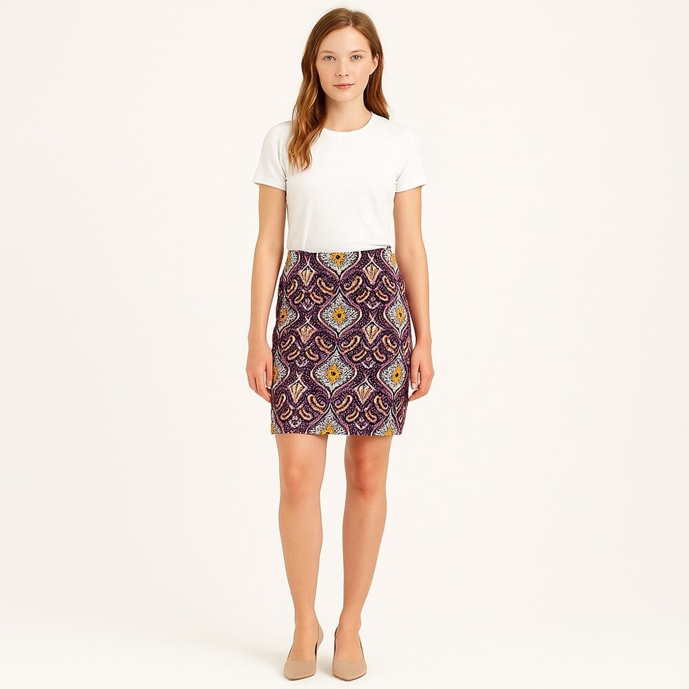 J. Crew Factory The Pencil Basketweave Multicolor Tile Print Skirt Womens 10
